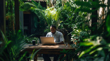 African American Professional Working On Laptop In Lush Tropical Garden