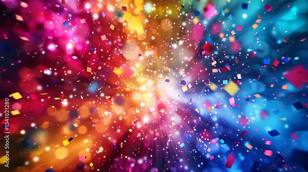 Poster a festive background with colorful confetti and bokeh lights.