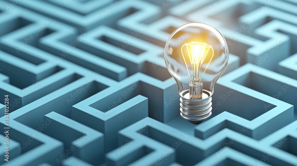 Poster a bright light bulb illuminating the solution amidst the complex maze symbolizing innovation creativ