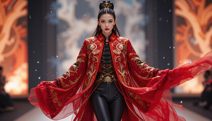 Stunning model in a dramatic red outfit with intricate designs walking the runway
