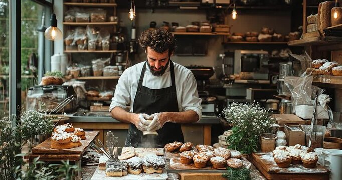 Baker in apron dusting pastries with powdered sugar in a rustic bakery setting. Warm lighting, wooden counter, shelves filled with baked goods