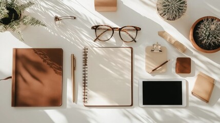 A sleek and organized workspace with minimal design elements such as glasses notebook laptop and a small plant creating a focused and productive environment