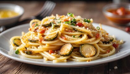 Spaghetti with Brussels sprouts on wooden table