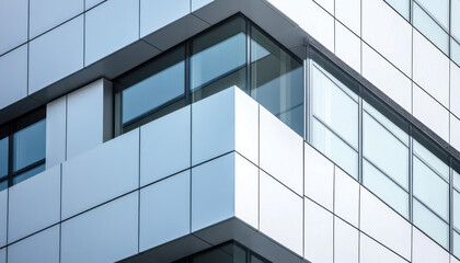 A close-up of a contemporary building's corner wall reveals clean lines and glass windows, reflecting natural light against a bright blue sky. The design highlights modern architectural trends
