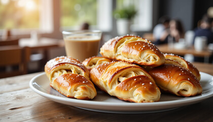 Freshly baked pastries on a plate with coffee in a cozy café