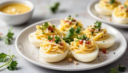 Creative deviled eggs with spaghetti and herbs on a plate