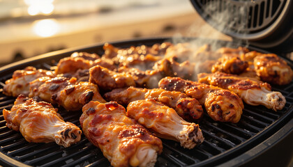 Grilled chicken wings sizzling on a barbecue grill