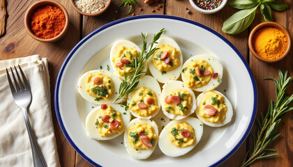 Deviled eggs with herbs and spices on wooden table