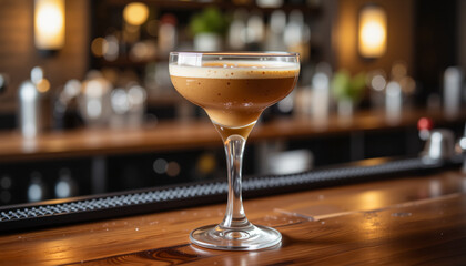 Cocktail glass filled with coffee drink on bar counter
