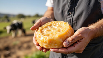 Person holding freshly made cheese in a rural landscape