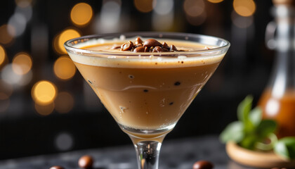 Coffee martini with coffee beans on blurred bokeh background