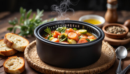 Delicious vegetable soup steaming in black pot on wooden table