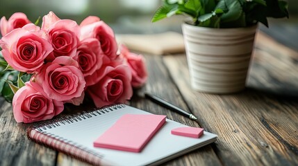 A stylish office workspace with a desktop computer, notepads, and a plant for a professional look 