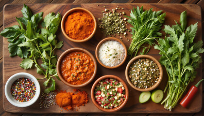 Colorful spices and herbs arranged on wooden board