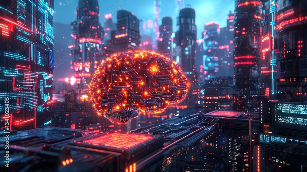 Poster artificial intelligence future network and data science concept. futuristic cityscape with glowing b