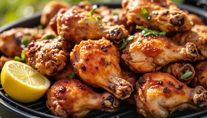 Grilled chicken drumsticks with barbecue sauce and lemon slice