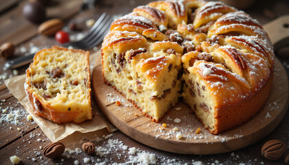 Cake with chocolate chips on wooden cutting board