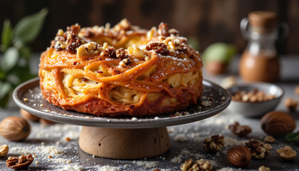 Delicious dessert cake with nuts and caramel sauce