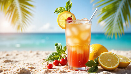 Refreshing drink with citrus garnishes on sandy beach