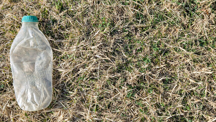 Discarded plastic bottle nestled among dry, green grass blades, symbolizing environmental pollution...