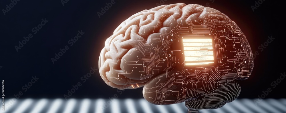 Poster artificial intelligence circuit and brain science concept. a digital brain illustration showcasing a