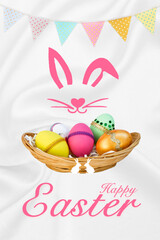 Happy Easter greeting card background idea, Easter egg in wooden basket with bunting flag on white fabric background