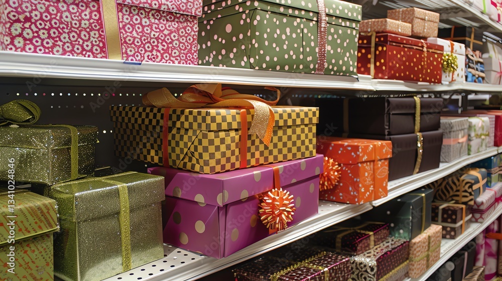 Poster a shelf filled with wrapped gift boxes in a variety of colors and patterns.