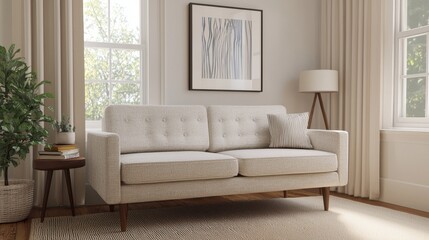 Modern Living Room with Stylish Light Beige Couch and Decor