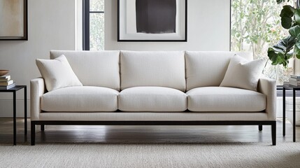 Elegant Modern Living Room Sofa with Light Fabric and Minimalist Design
