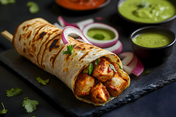 Delicious Tandoori Paneer Kathi Roll with Mint and Cilantro Chutneys