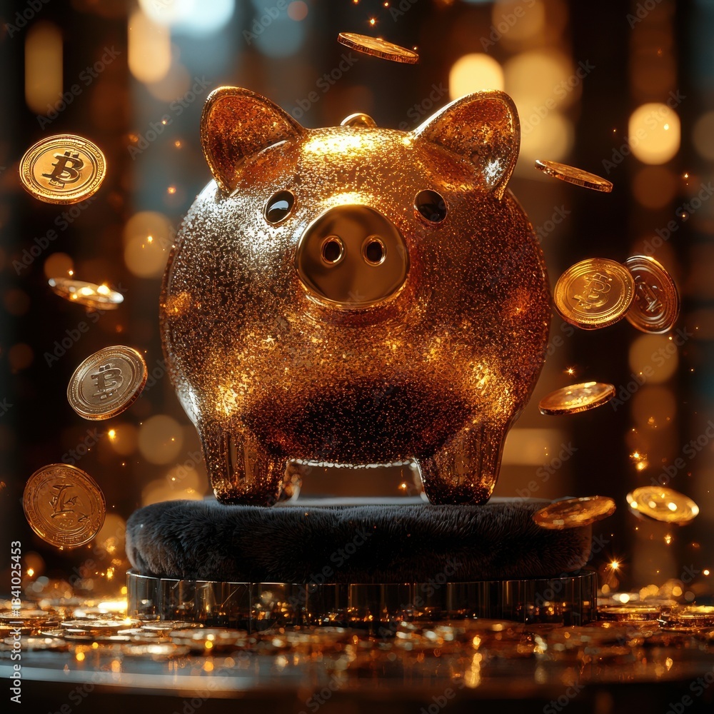 Poster a gleaming golden piggy bank surrounded by shimmering coins and currency representing the concept of