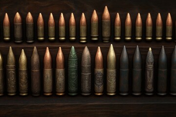 A table filled with various types of ammunition, including hollow points, armor-piercing rounds, and tracer bullets