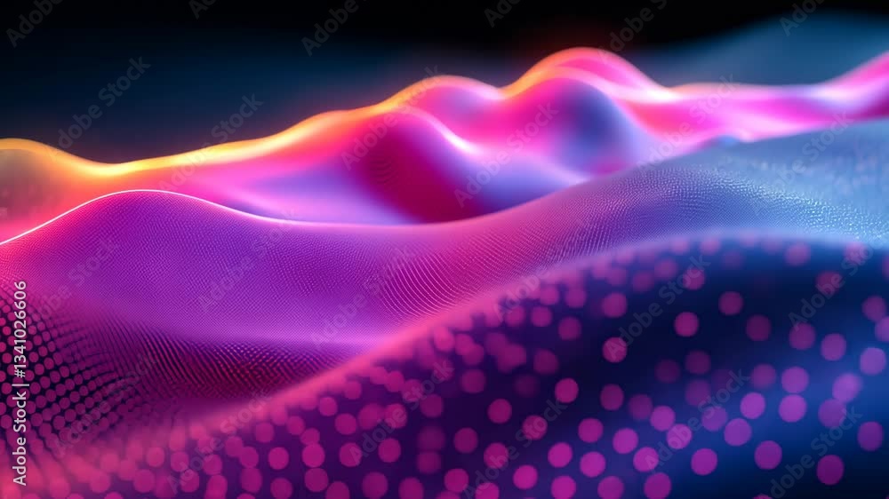 Poster abstract digital wave form with glowing pink and blue color scheme and dark background