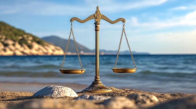 A golden scale of justice stands gracefully on the beach, symbolizing balance and fairness, with the serene ocean and mountains providing a tranquil backdrop of nature's beauty.