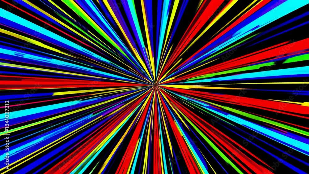 Poster colorful radial lines converging, creating a vibrant starburst effect, abstract art