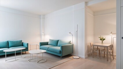 Fototapeta premium Stylish living area featuring a teal couch and bright atmosphere.