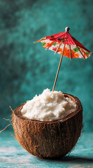 Coconut shell filled with creamy coconut dessert, topped with small decorative umbrella, against teal background, showcasing tropical refreshment and summer vibes