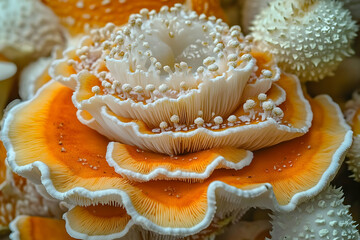 A beautiful close-up of an orange and white mushroom with tiny flowers, surrounded by other mushrooms. The natural lighting highlights the vibrant colors, and the sharp focus brings out.