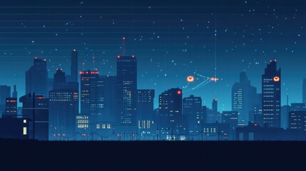 Futuristic city skyline at night, pixel art, digital illustration, background