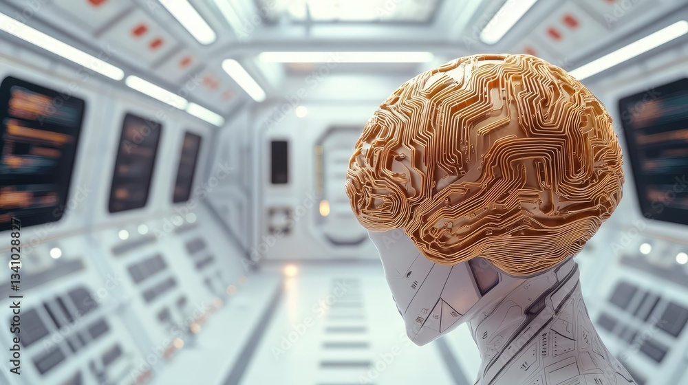 Poster artificial intelligence circuit and brain science concept. futuristic robot head with intricate circ
