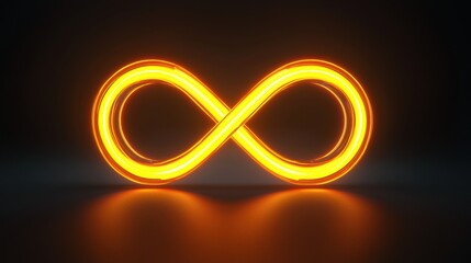 Orange and yellow neon light infinity icon. Vibrant colored symbol, isolated on a black background. 3D Render