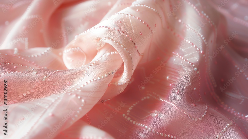 Poster a close up of pink fabric with a subtle sheen and a delicate pattern.