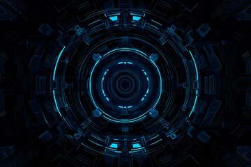 Obraz premium Abstract close-up of a glowing blue digital circuit board, showcasing intricate connections and technological design on a black background. 