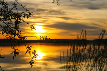 orange sunset over the lake
