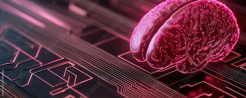 Poster artificial intelligence and future of network science concept. futuristic brain overlaid on circuit 
