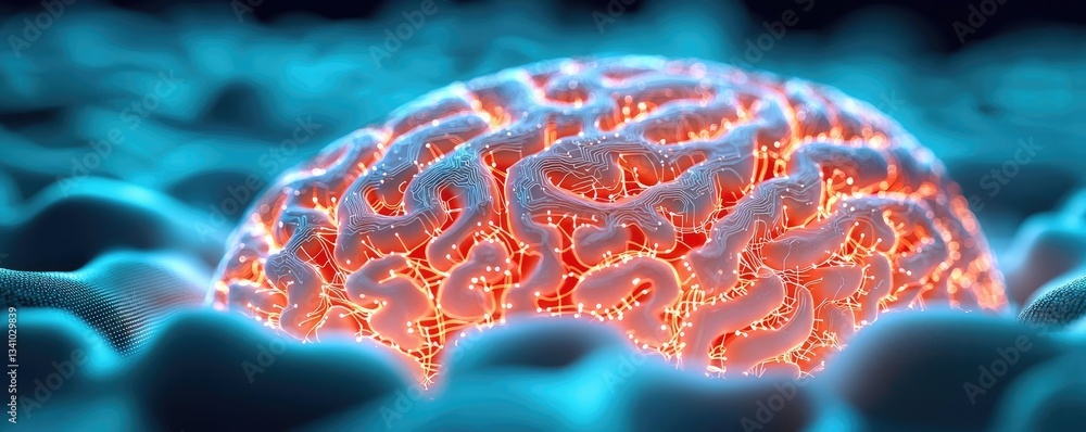 Poster artificial intelligence circuit and brain science concept. a vibrant depiction of a brain with glowi