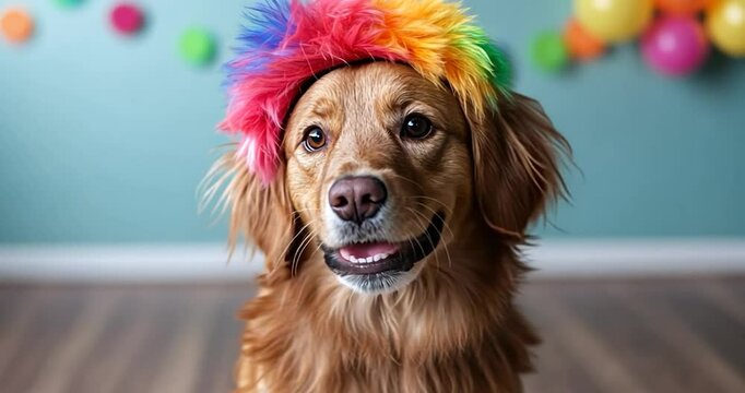 Golden Retriever dog wearing a colorful rainbow feather headband, sitting on a wood floor against a teal background with balloons