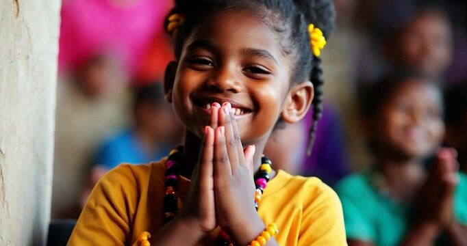 Close-up video of a young girl with dark skin and hair styled in buns, wearing a mustard yellow shirt and colorful beaded necklaces, clasping her hands together in prayer or gratitude, with a blurred
