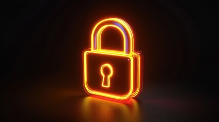 Orange and yellow neon light padlock icon. Vibrant colored technology symbol, isolated on a black background. 3D Render