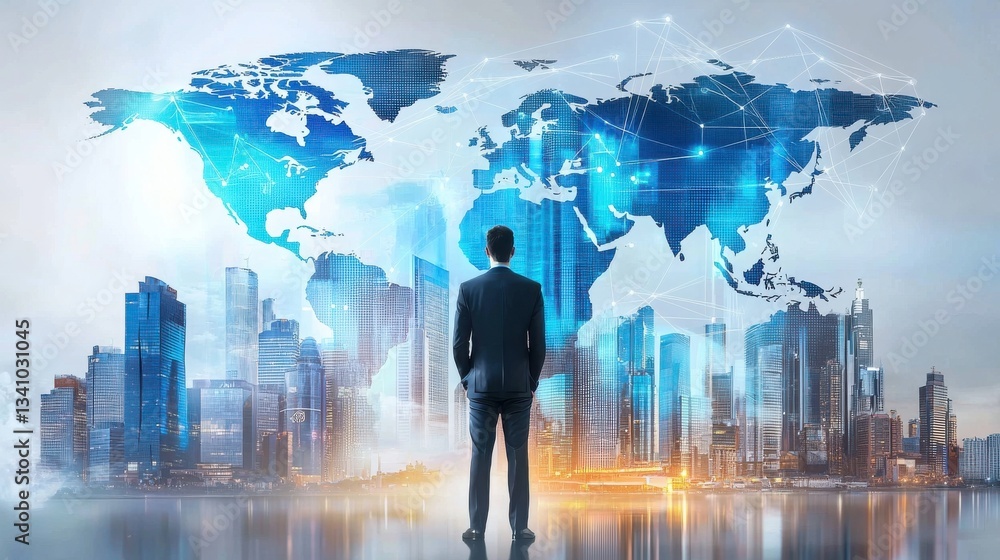 Poster a world map and cityscape backdrop showcasing the interconnected global landscape signifying the opp